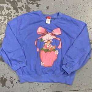 Blue Sweatshirt with Strawberry and Pink Bow Design